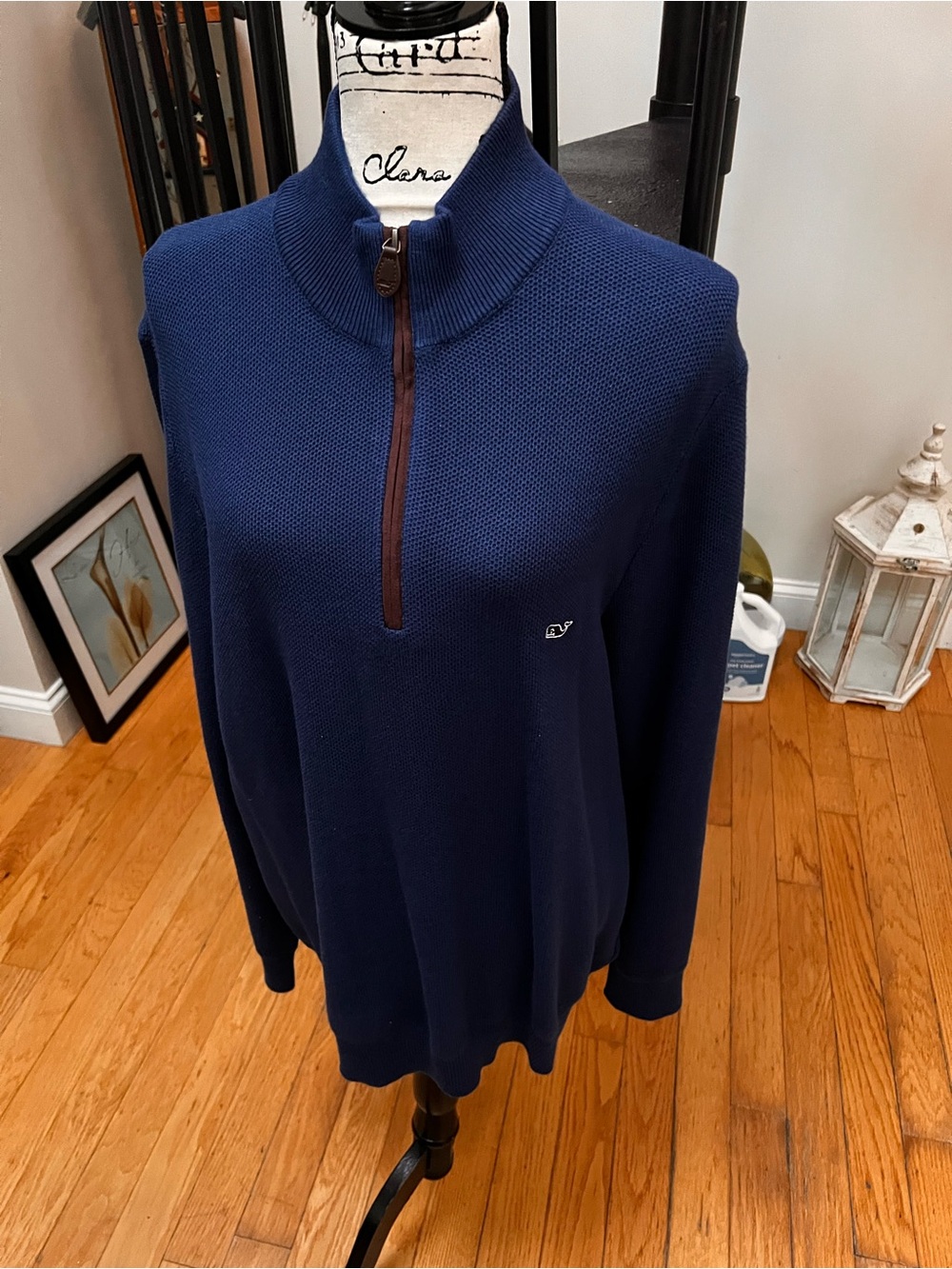 Vineyard Vines Men's Navy Half-Zip Sweater with Brown Zip Trim